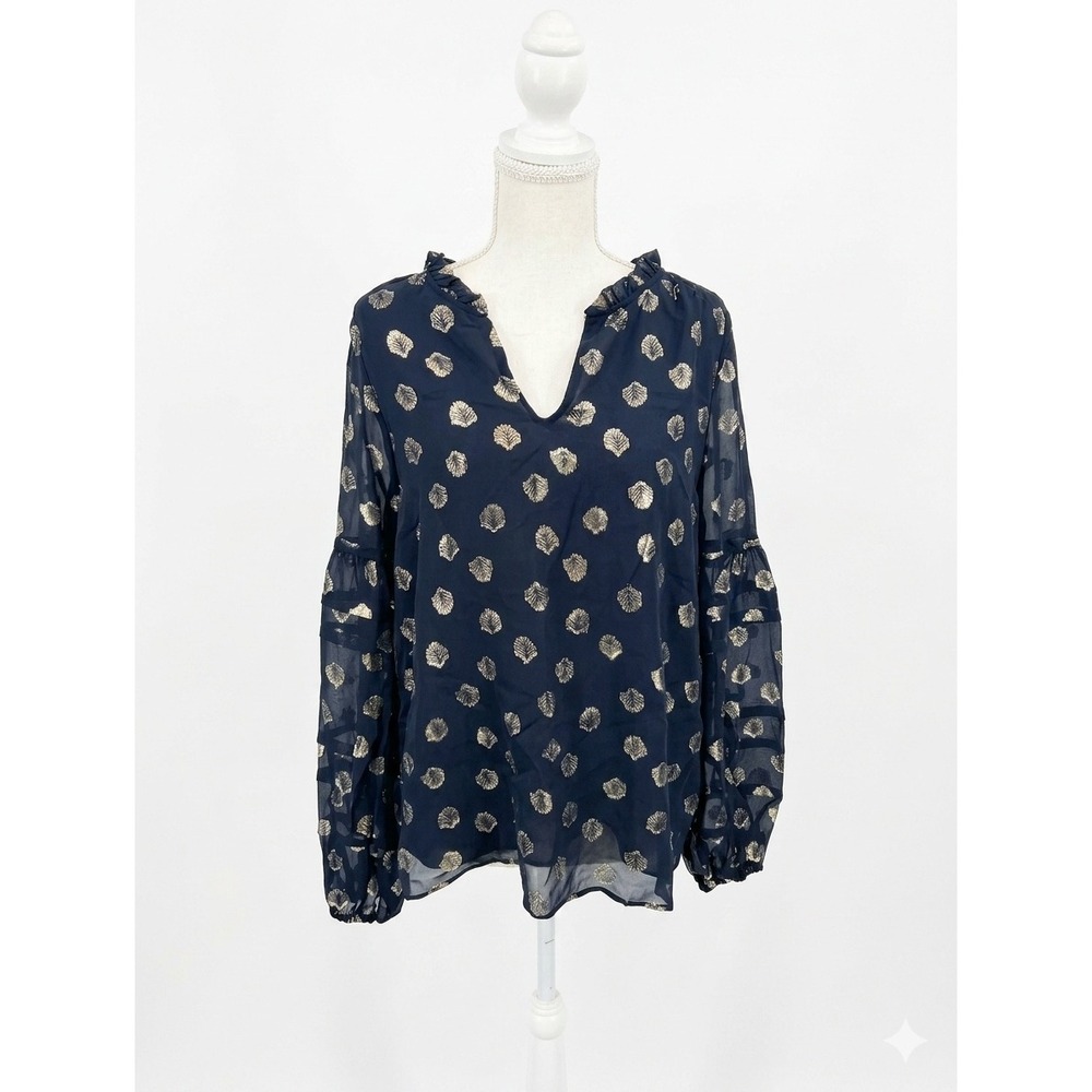Lilly Pulitzer Navy Blue Gold Metallic Shell Silk Blouse Ruffle Neck Top Large
